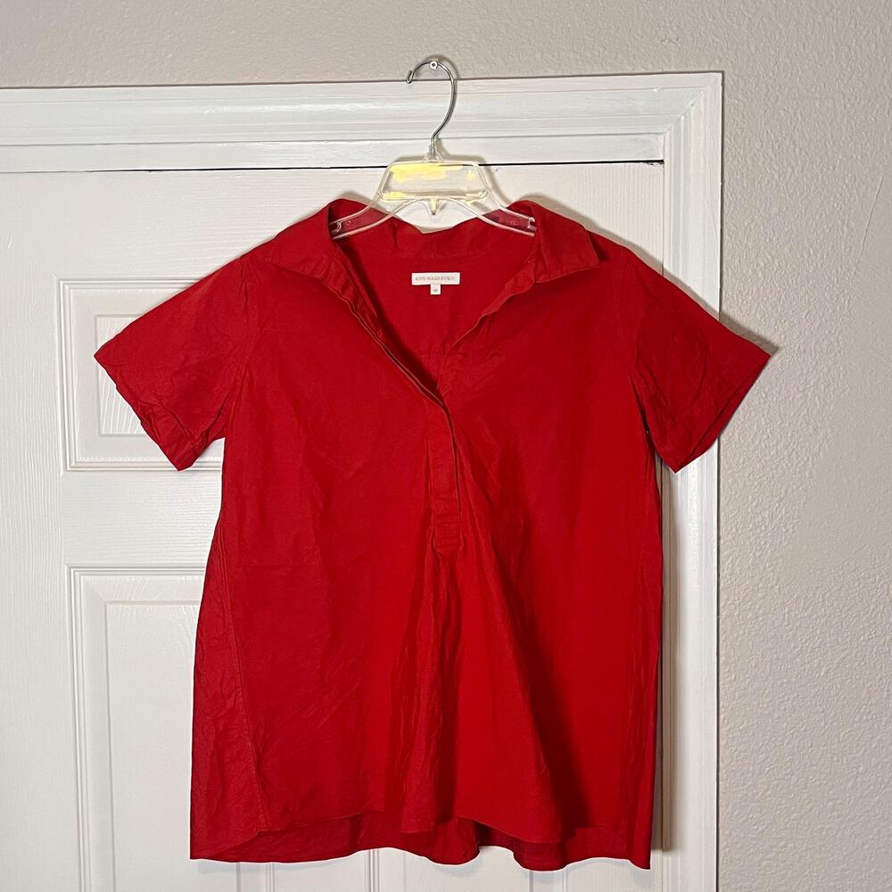 Ann Mashburn Top Womens XS Red Cotton Popover Tunic Short Sleeve Collared
